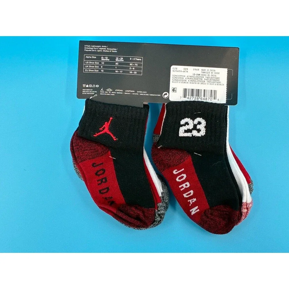 Jordan Infant Ankle Socks 6-Pack Red Black White Size 12–24 Months NWT